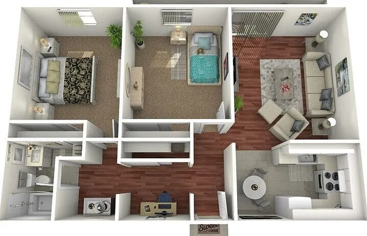 Two Bedrooms One Bathroom (B3) Floorplan Diagram