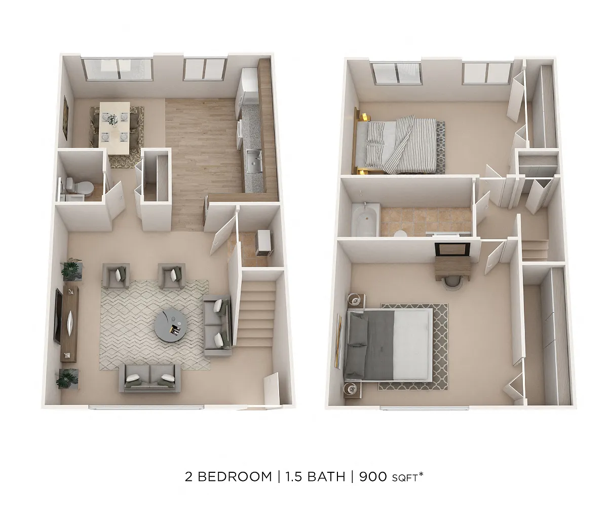Floor plan Two Bedroom 1.5 Bath Townhome - 900 sqft