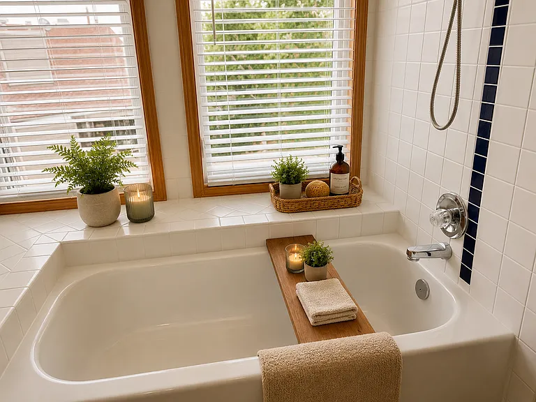 AI-staged bathtub concept highlighting the natural light, soaking tub, warm wood accents, and simple spa-inspired styling.