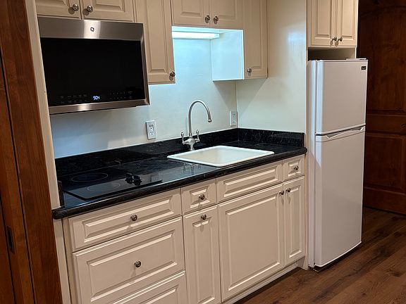 Kitchenette with two burner stove, new microwave and refrigerator/freezer