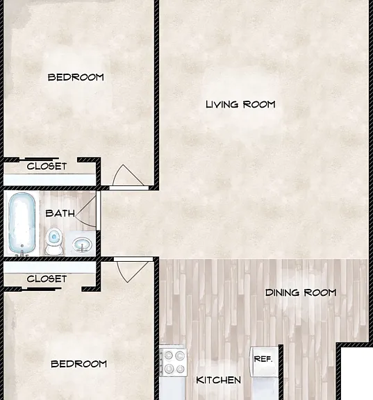 2 Bed 1 Bath Floorplan Diagram