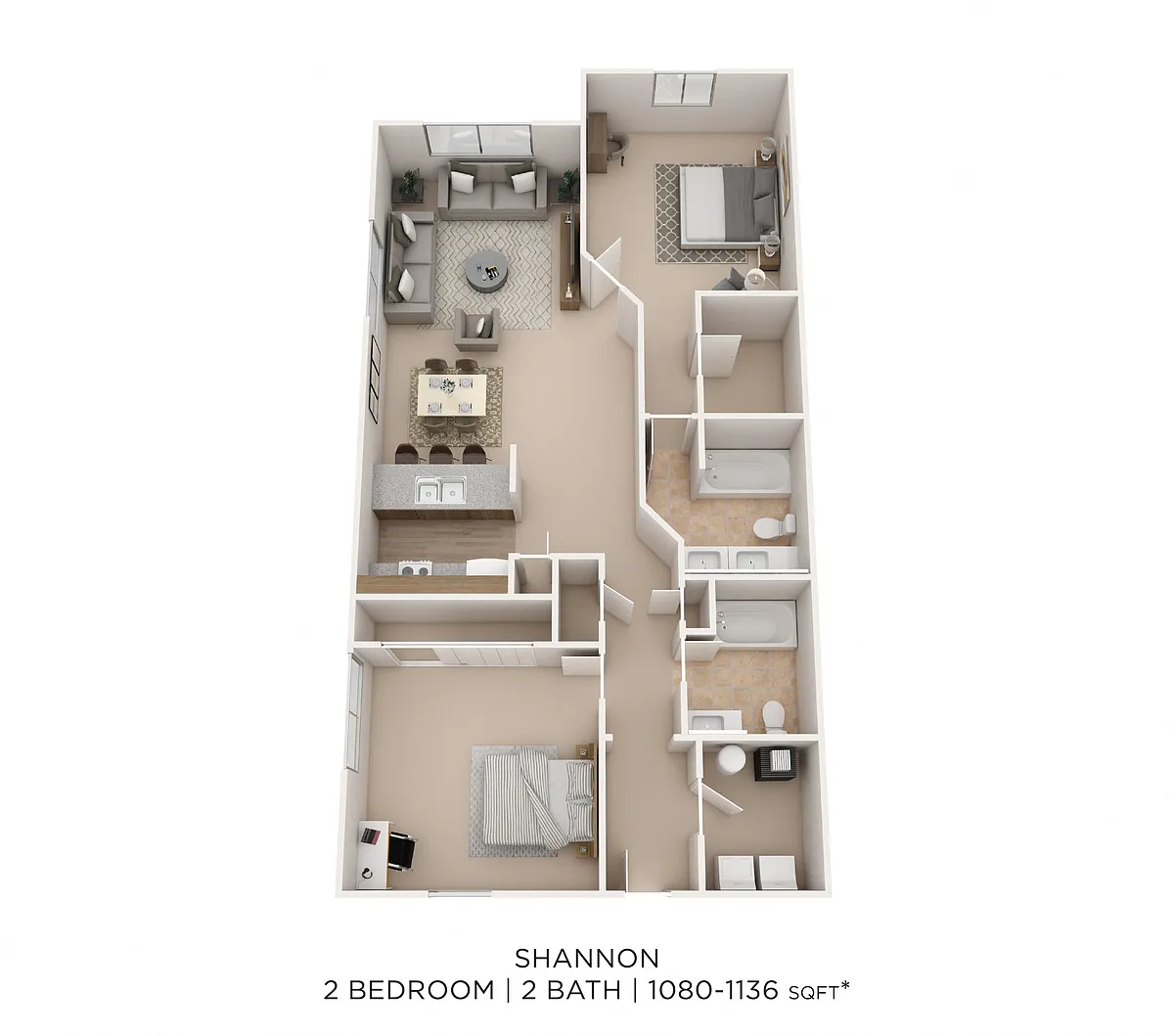 Floor plan Two Bedroom 2 Bath- 1104 sqft
