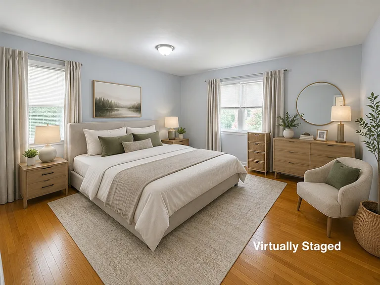 Virtually Staged: Spacious 1st-floor Bedroom #1 easily fits King sized bed. Perfect for multi-generational living.
