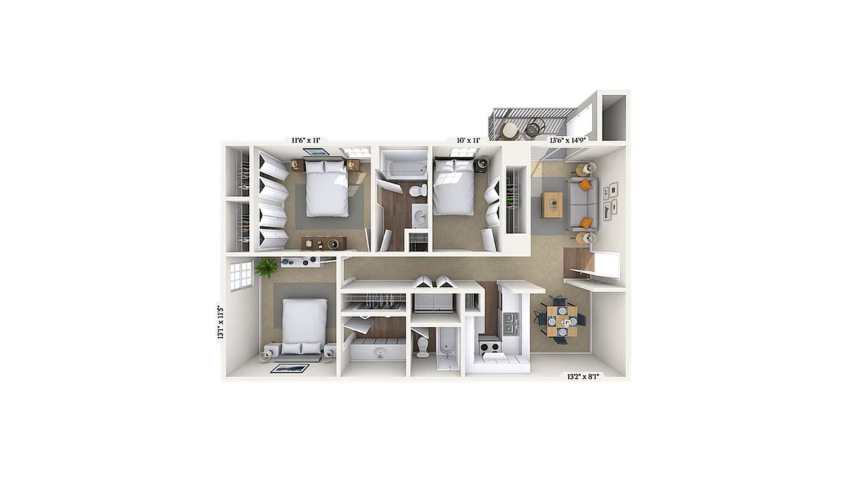 Floor plan 3 Bed, 2 Bath A