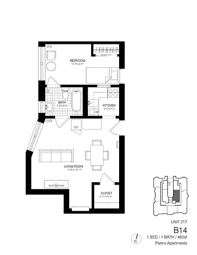 Floor plan 1 Bedroom 1 Bath B14