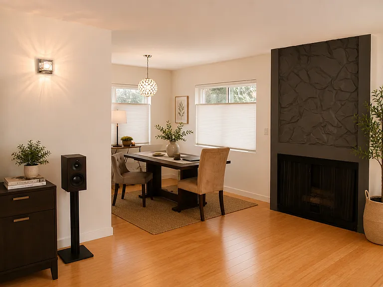 Fireplace off dining area and living room