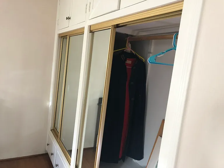mirrored double closets with built in draws and ample storage above