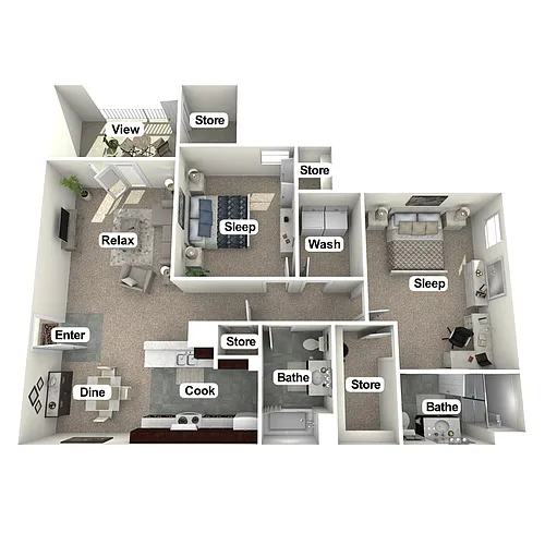 Floor plan 2 bedroom, 2 bath
