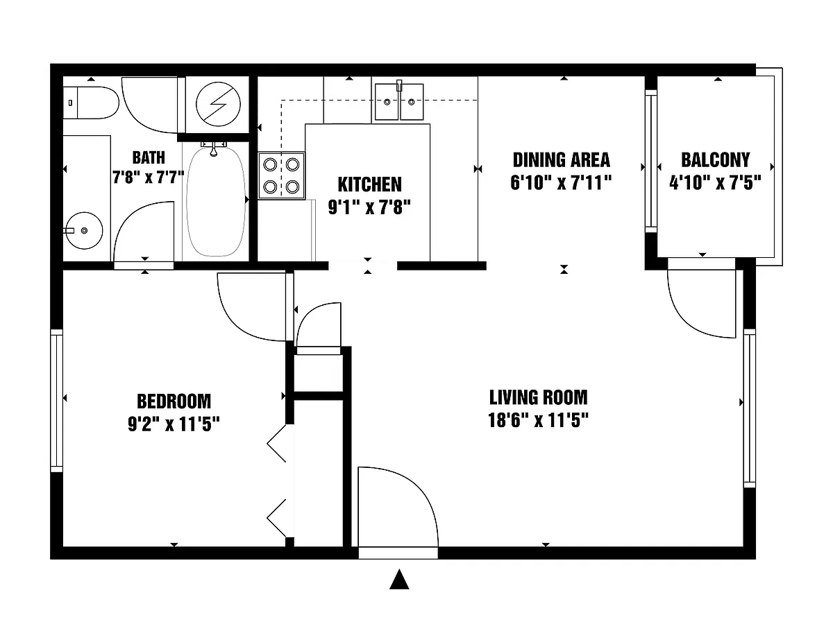 Floor plan 1 Bedroom 1 Bath with Large Kitchen