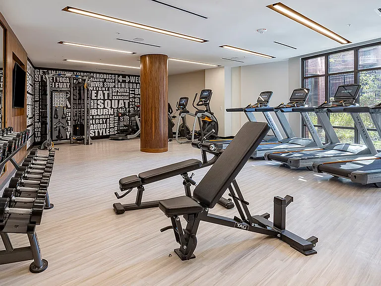 Apartment community 24-hour fitness center at Griffis Edgemoor in Bethesda, Maryland.