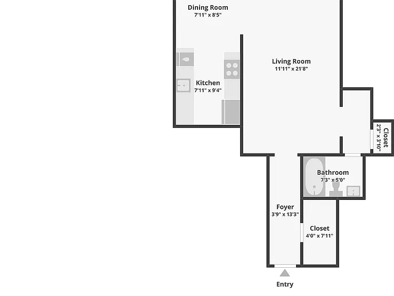 Elegant floor plan showcasing a spacious living room, cozy dining area, modern kitchen, and a well-appointed bathroom with ample storage options.