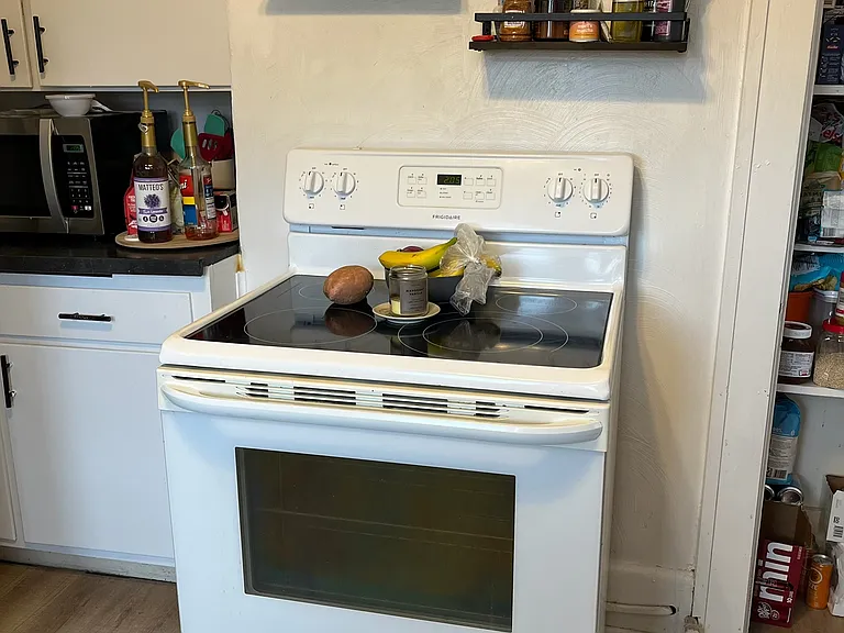 Kitchen w/ Side by Side Refrigerator w/ Ice maker, Stackable Washer/Dryer, Dishwasher and Flat Surface Stove. New Designer Ceiling Fan!