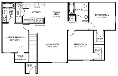Floor plan 3 Bed, 2 Bath