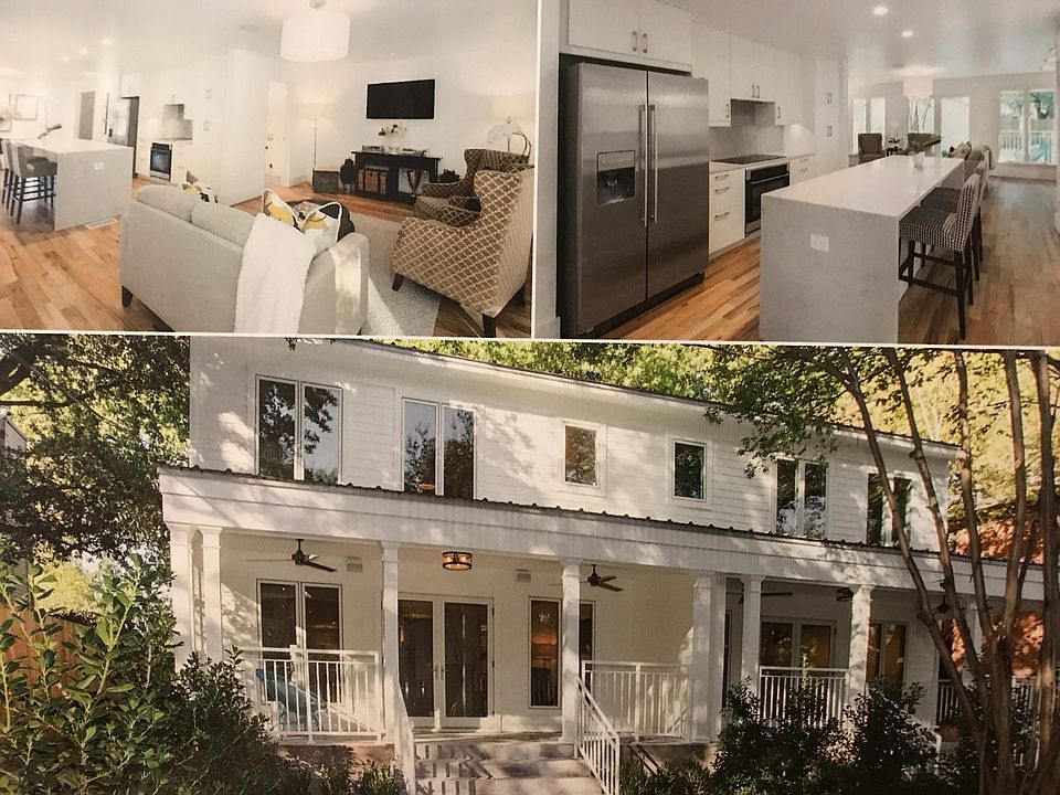 Downstairs living room and kitchen with view of comfortable covered back porch