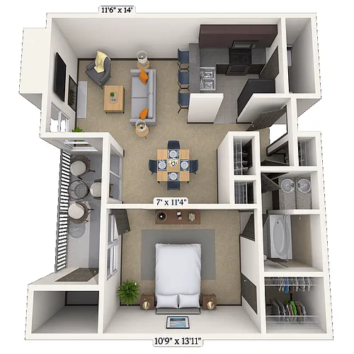 Floor plan Traditional 1x1 708-716 SF
