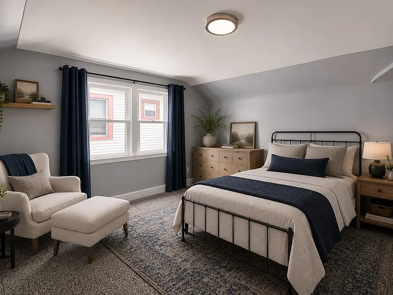 1 of 2 bedrooms upstairs - larger room virtually staged