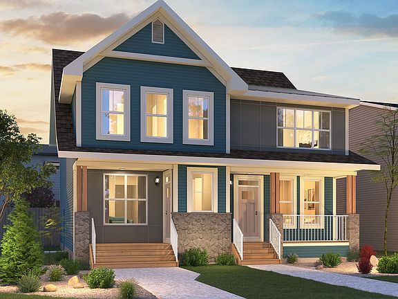 A rendering of the Farmhouse 2 Elevation for Duplex homes by Brookfield Residential in Calgary