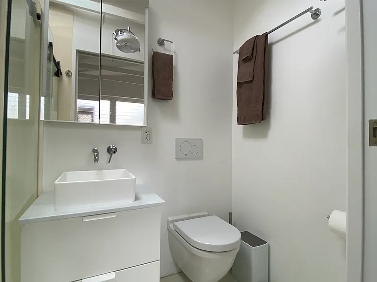 Bathroom with skylight, vent fan and wall fan