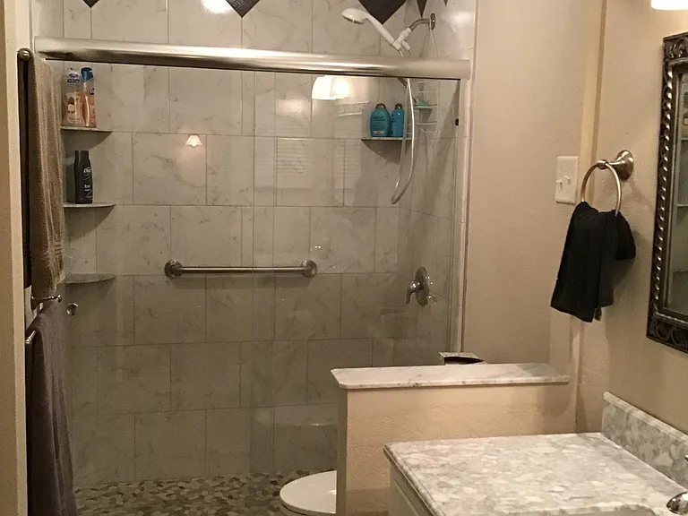 Bath 1, newly built shower stall, new stool, new vanity