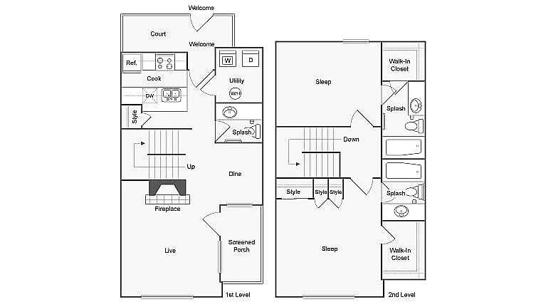 Floor plan 2 BR x 2.5 BA Townhome with W/D - A