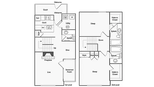 Floor plan 2 BR x 2.5 BA Townhome with W/D - A