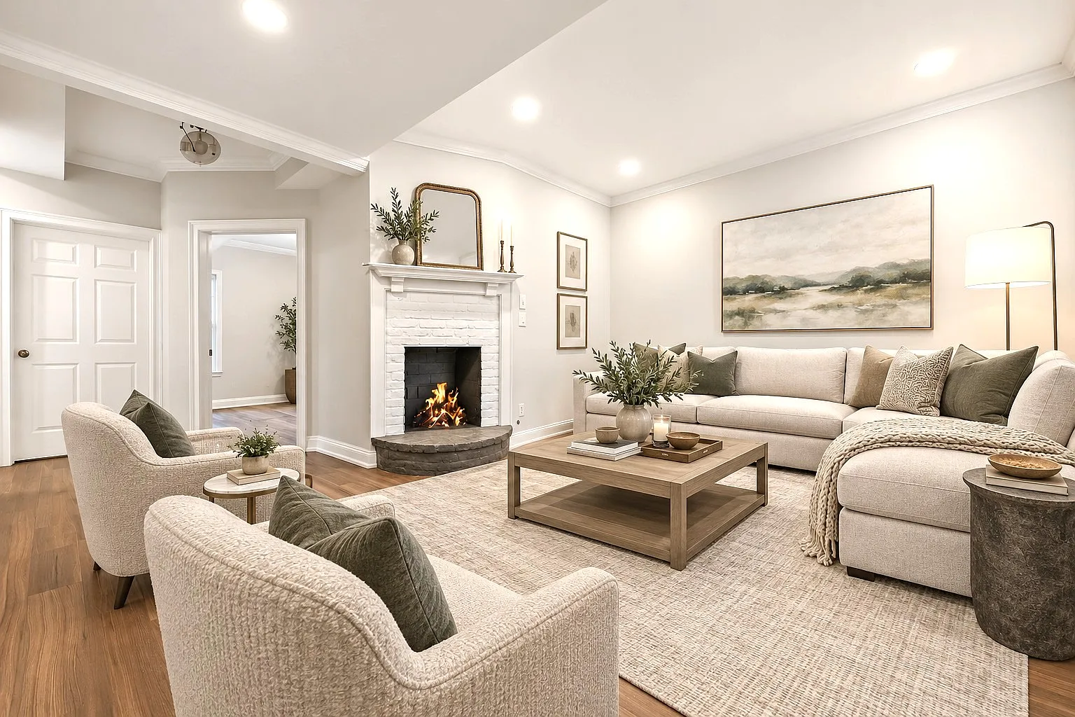 Living Room Staged Views with Fireplace (Decoration Purposes Only)
