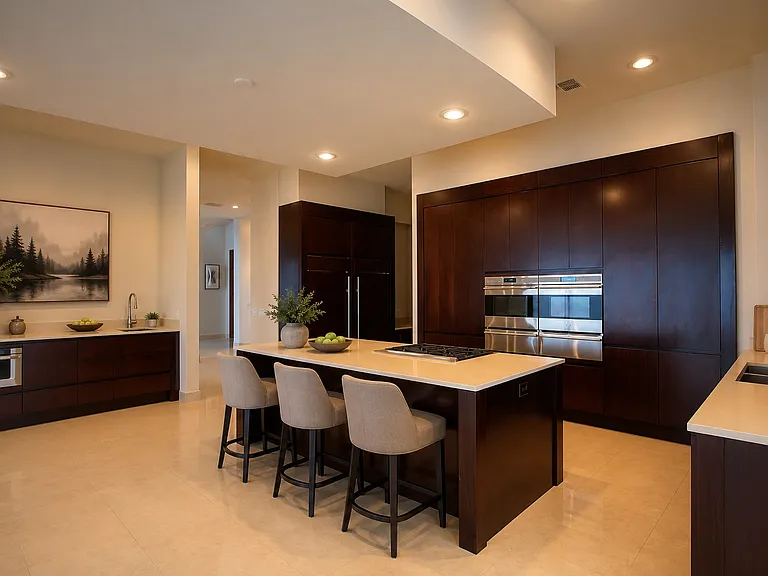Wolf & Sub-Zero chef's kitchen with oversized island, custom cabinetry, and premium appliances.