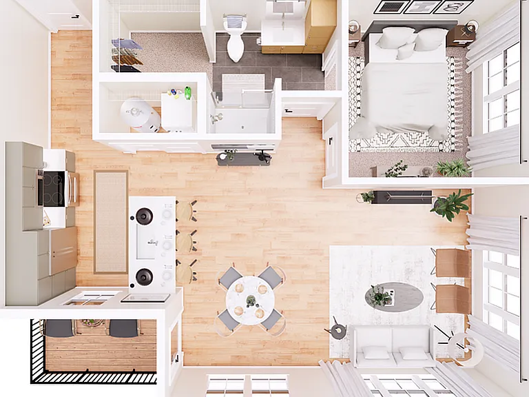1E Overhead Floorplan - 809 Sqft 1E Overhead Floorplan - 809 Sqft