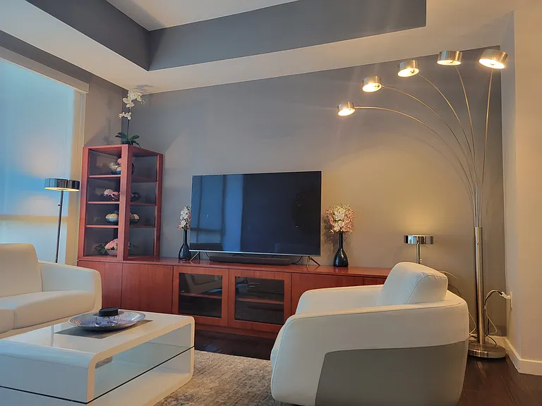 Livingroom with built-in cabinets, 65 inch Samsung LED and lighting