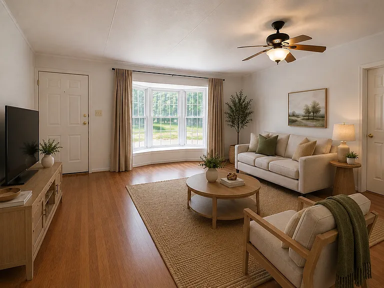 Bright, oversized living room featuring modern LVP flooring, a large bay window overlooking the front yard, and direct access to the front porch. Plenty of space for family gatherings and everyday living.