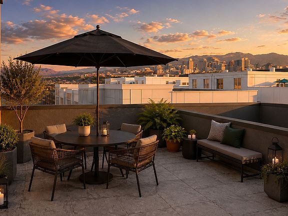 Rooftop terrace at The Mont with Salt Lake City and mountain views