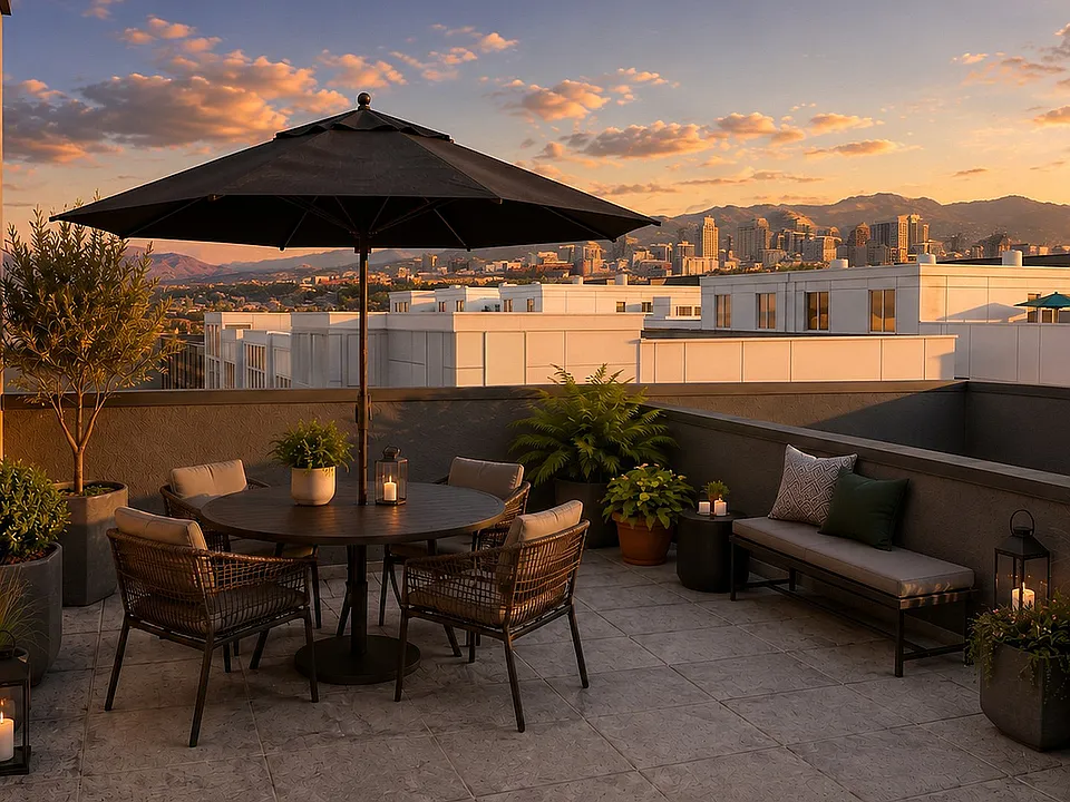 Rooftop terrace at The Mont with Salt Lake City and mountain views