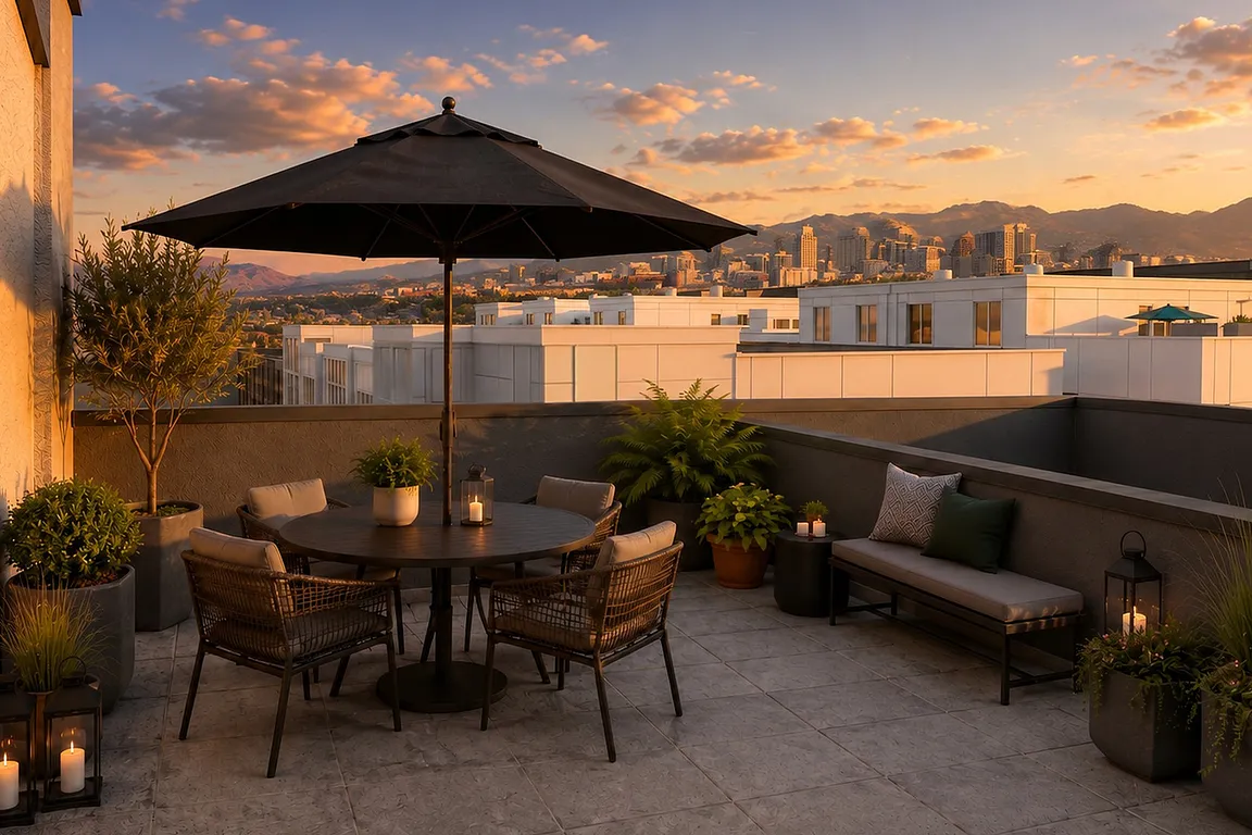 Rooftop terrace at The Mont with Salt Lake City and mountain views