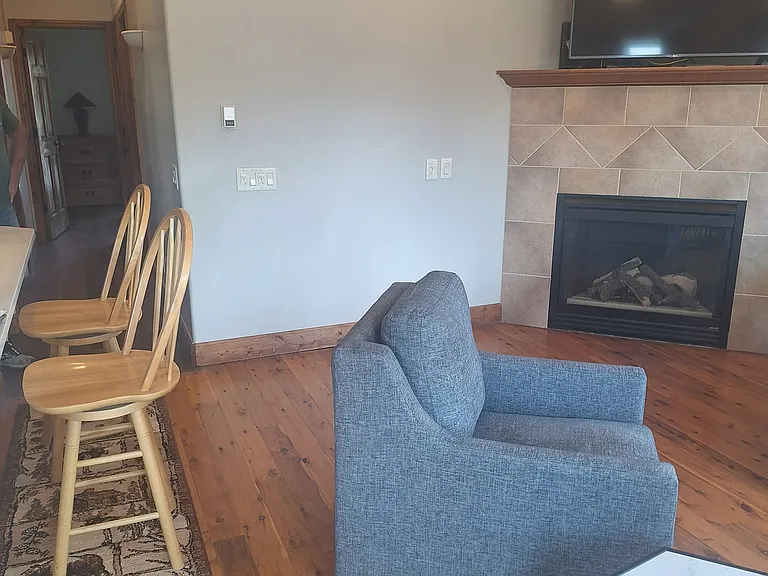Island dining stools and living room.