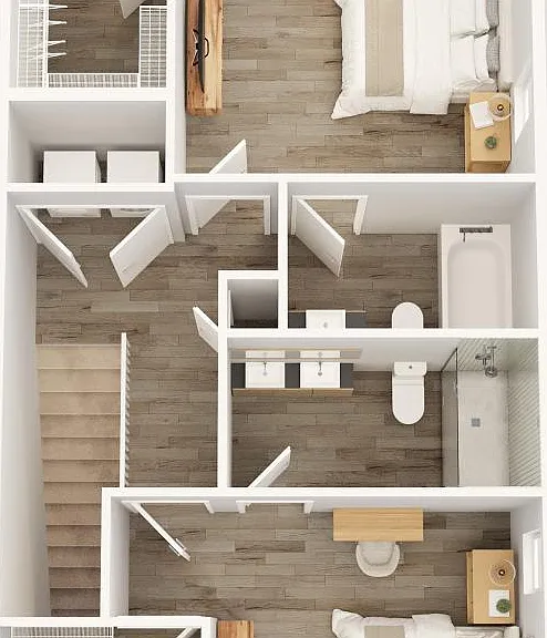 2 bedroom suits, with full bathrooms and walk-in closets as well as a washer and dryer.