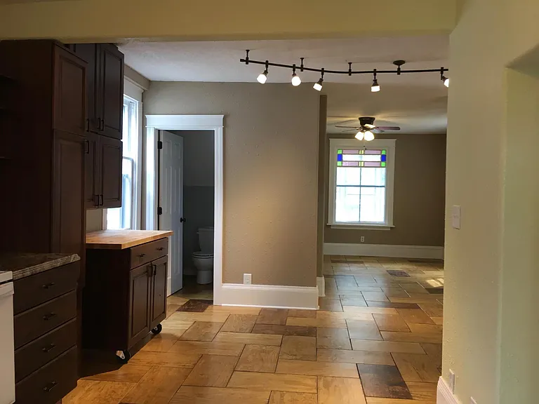 View from Kitchen. Shows half bath on main level.