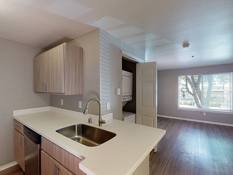 Apartment kitchen with stainless steel appliances, dining and living room with wood-style flooring.