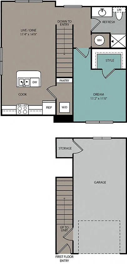 Floor plan Carriage 1B Townhome 1C Garage