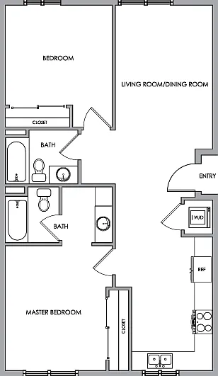 2D Floor Plan Rendering - Two-Bedroom, Two-Bathroom | Option 7 2D Floor Plan Rendering - Two-Bedroom, Two-Bathroom | Option 7