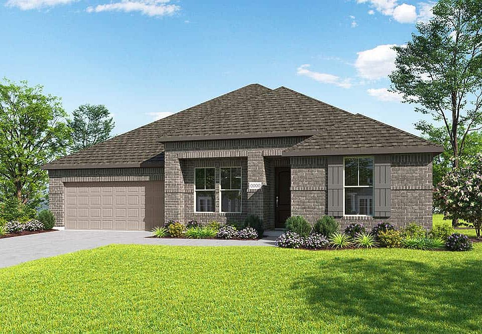 Elevation A is a single story full brick home design with clean lines and decorative shutters on the