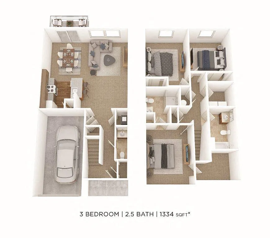 Floor plan Three Bedroom 2.5 Bath Townhome
