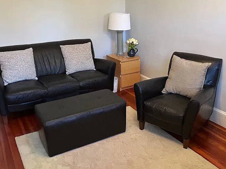 Leather love seat and arm chair from Bloomingdales for comfy, classy entertainment in the Studio/TV room on the 3rd floor.