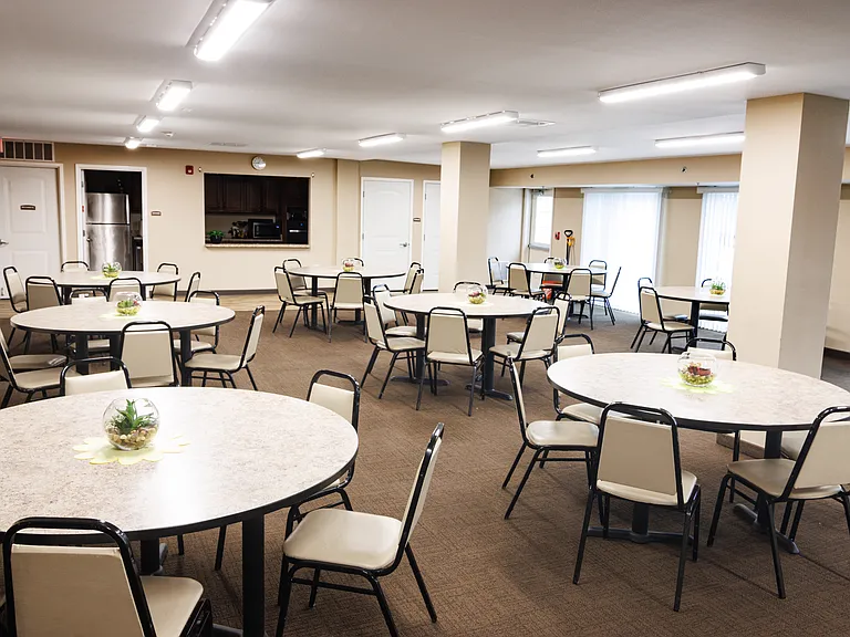 Spacious community room designed for resident events, activities, and social gatherings
