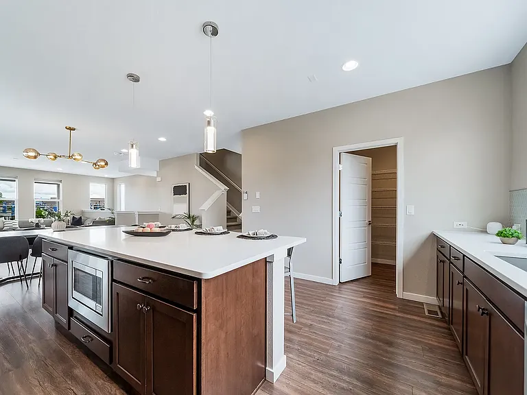 Microwave in oversized island, big pantry room nearby