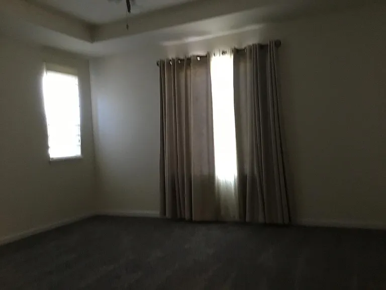 Main suite bedroom, tray ceiling, 3 windows, walk in closet with a small window for natural light (with privacy film on window), double sinks in bathroom, bench in shower, water closet