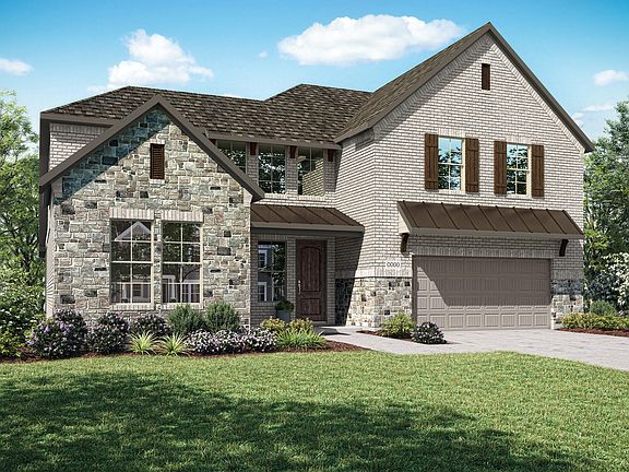 Elevation D is a two story farmhouse inspired brick and stone elevation with a metal roof detail on