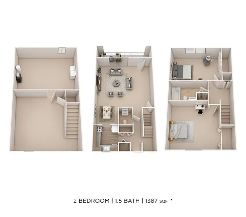 Floor plan Two Bedroom 1.5 Bath Townhome - 1,387 sqft