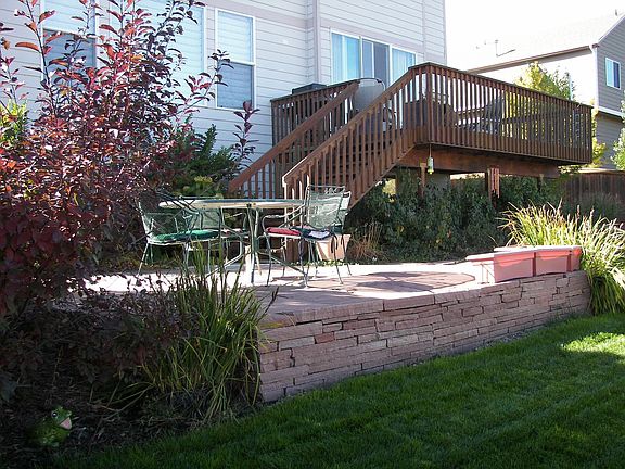 Flagstone patio looking up to deck