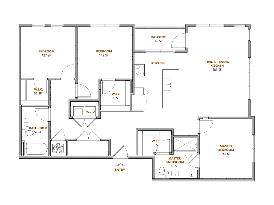 Floor plan 3 Bed, 2 Bath A (100% Income Restricted)