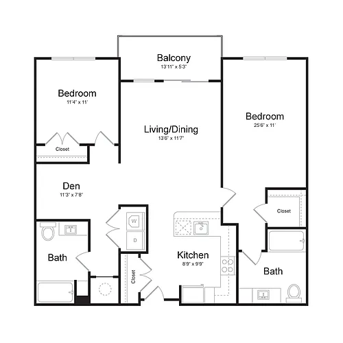 Floor plan Two Bedroom/Two Bath (2P-A) Den and Balcony